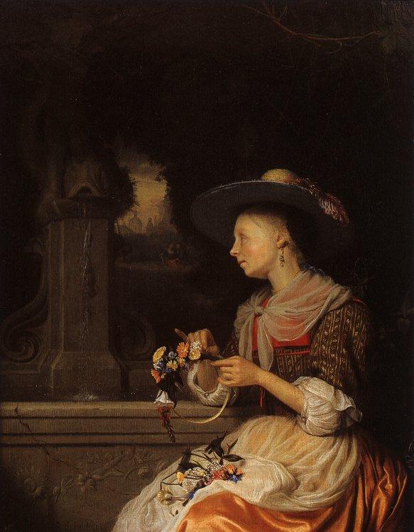 Godfried Schalcken Young Woman Weaving a Garland